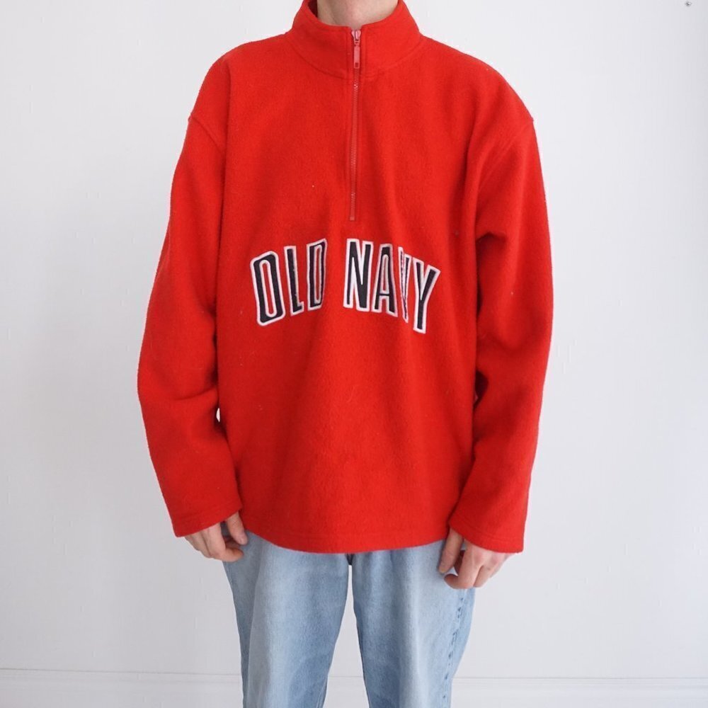 Vintage '90S Old Navy Red Fleece Outdoor Hiking Quarter Zip Pullover Sweater 2XL